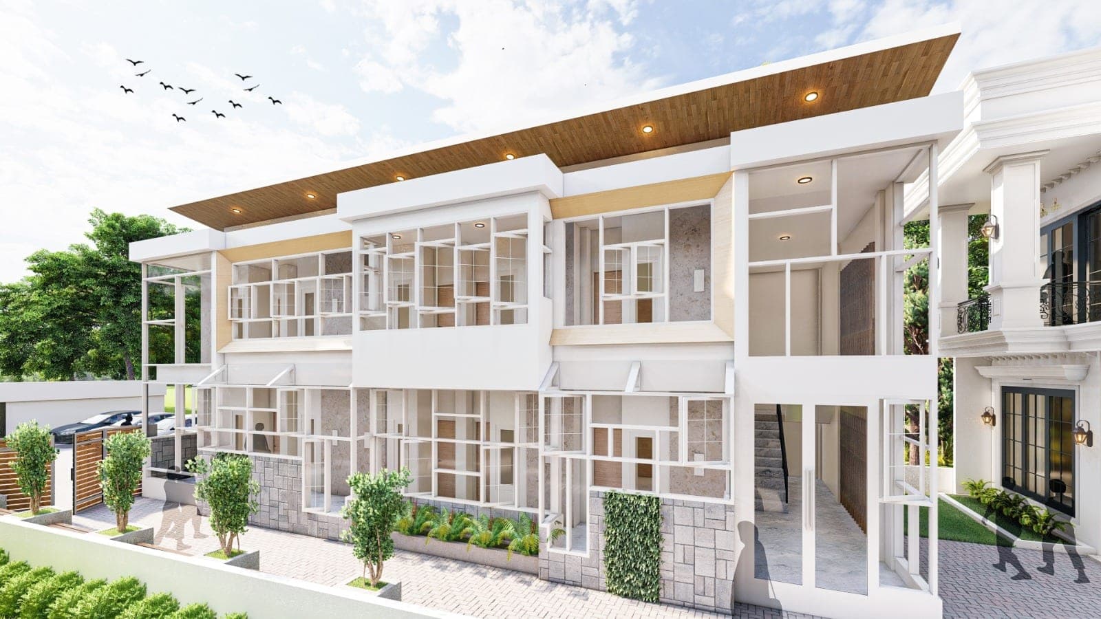 Desain kost contemporary glass facade plafon kayu exposed karya Zamil Architect di Mlati, Sleman
