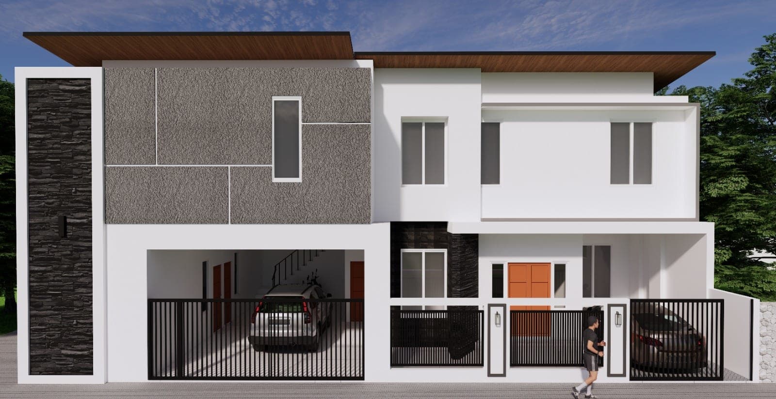 Desain kost modern minimalis dua massa fasad tekstur dan putih karya Zamil Architect di Gondokusuman, Yogyakarta