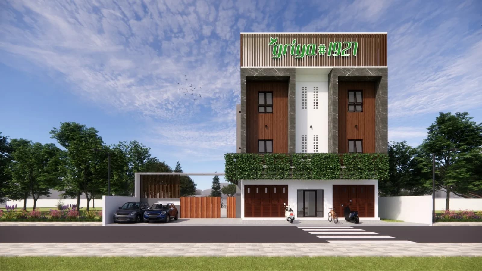 Desain kost Griya 1927 tiga lantai cladding kayu vertical garden karya Zamil Architect di Ngaglik, Sleman