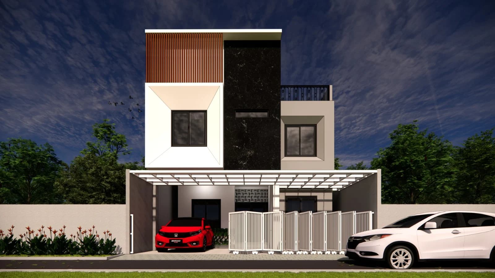 Desain kost kontemporer dramatis fasad black marble dan wood slat karya Zamil Architect di Ngaglik, Sleman